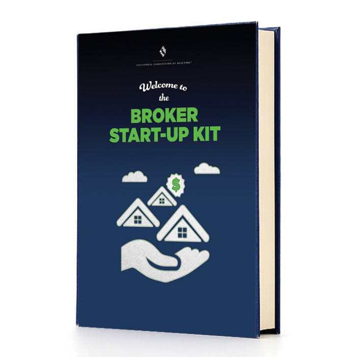 Book titled 'Welcome to the Broker Start-Up Kit' with house and hand icon on a blue background