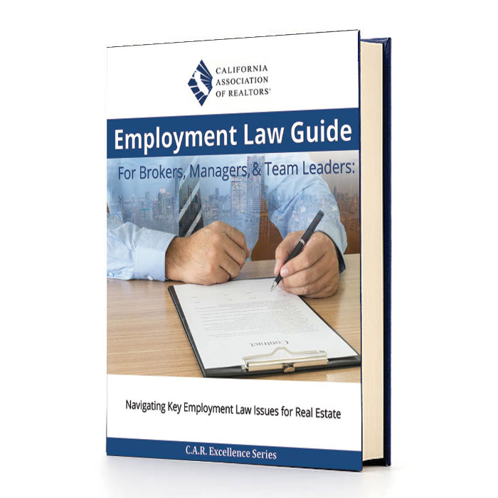 Book titled 'Employment Law Guide for Brokers, Managers, & Team Leaders' by California Association of Realtors on a white background.