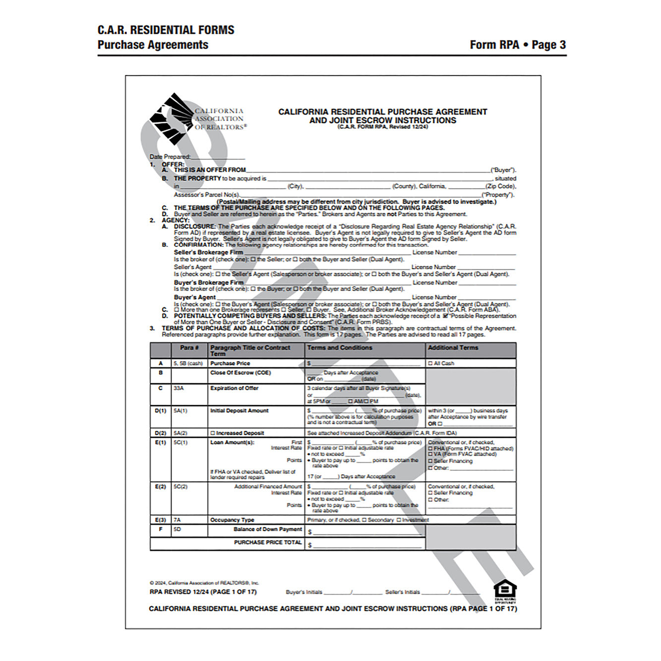 c.a.r. residential forms purchase agreement rpa sample