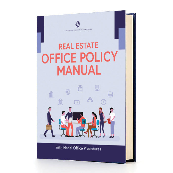 Real Estate Office Policy Manual book cover with illustrations of people in an office setting on a white background