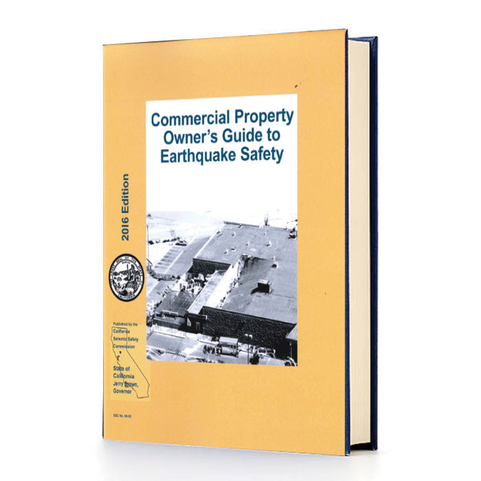 Book titled 'Commercial Property Owner's Guide to Earthquake Safety' with a yellow cover and black and white photo of a building.