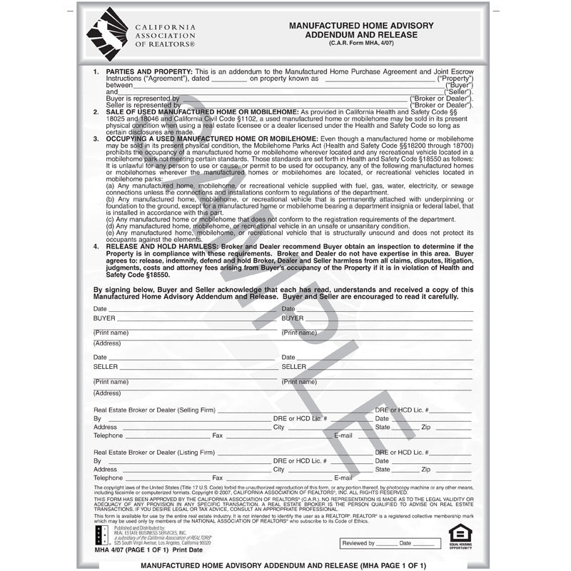 MHA - Manufactured Home Advisory Addendum and Release